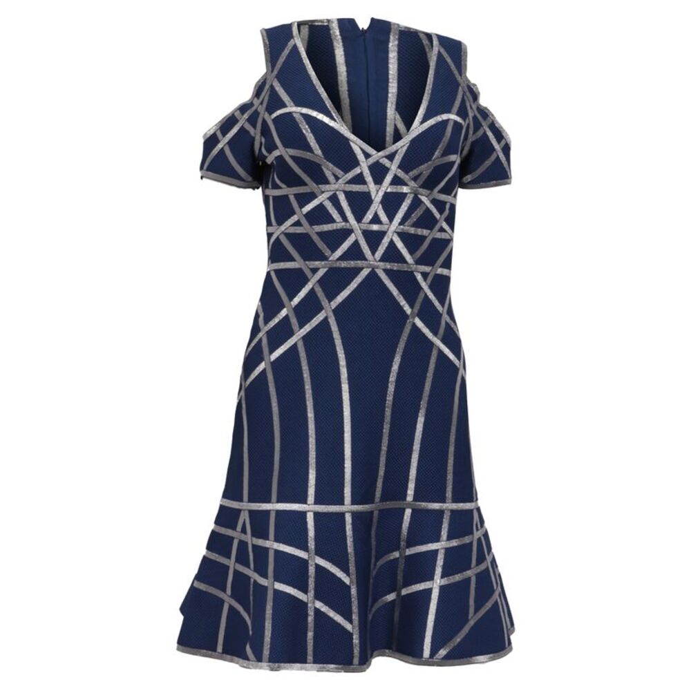 Herve Leger by Max Azria Veronikka Caged Cold-Shoulder Flute Dress in Blue Nylon